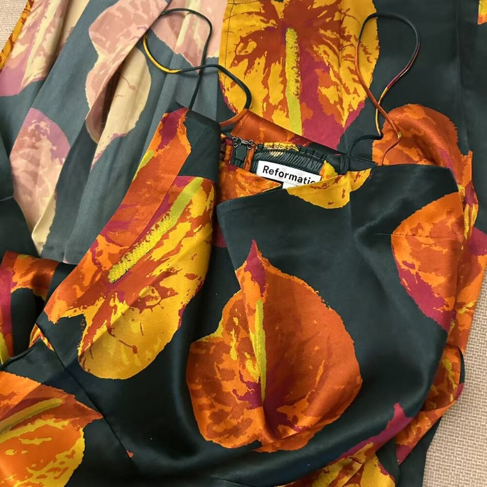 NWT Reformation Frankie Silk Maxi Dress Sz0/4/6 Daiquiri Orange Forest Green - Picture 7 of 12